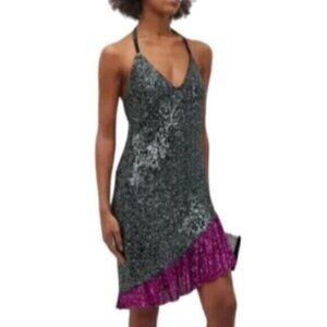 NWT One33 Social Black & Purple Sequin Colorblock Backless Halter Dress